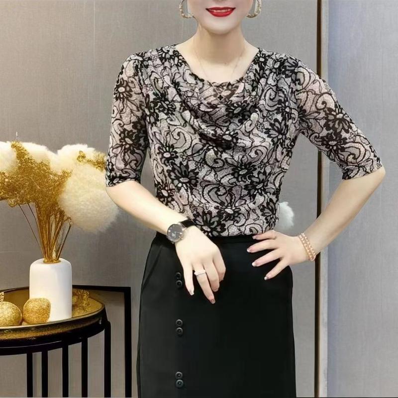 Áo Lớp Nền In Cao Cấp Mùa Hè, Áo Sơ Mi Lưới Co Giãn Phong Cách Phương Tây Của Mẹ, Ngoại Cỡ, Dáng Rộng Vừa Vặn, Có Túi, Cổ Bẻ, Bó Sát, Thanh Lịch, Năm 2024 Nữ Women 5