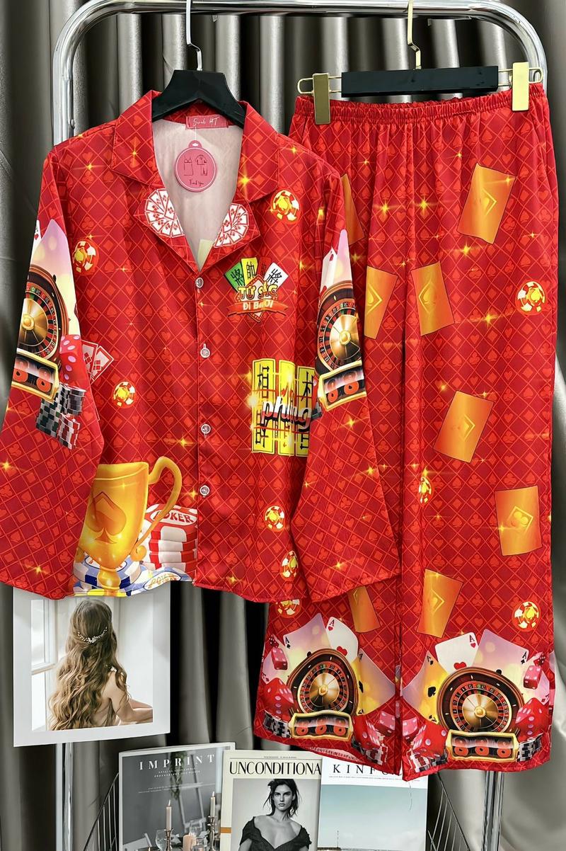 Product Introduction of Bộ Pijama Nữ Hoạ Tiết Tết Bài Lụa Latin Tơ Tằm Nút Bọc Form 40-60kg Women 2