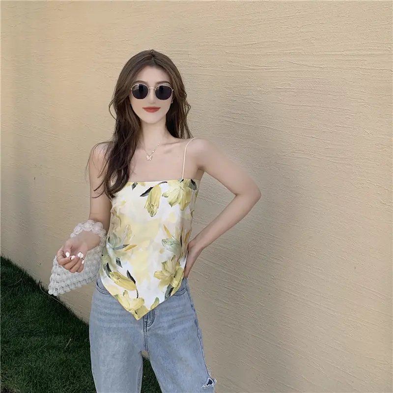 Fashion Women Tie Knot Back Camisole, Spaghetti Strap Sleeveless Floral Print Hanky Hem Cami Tops