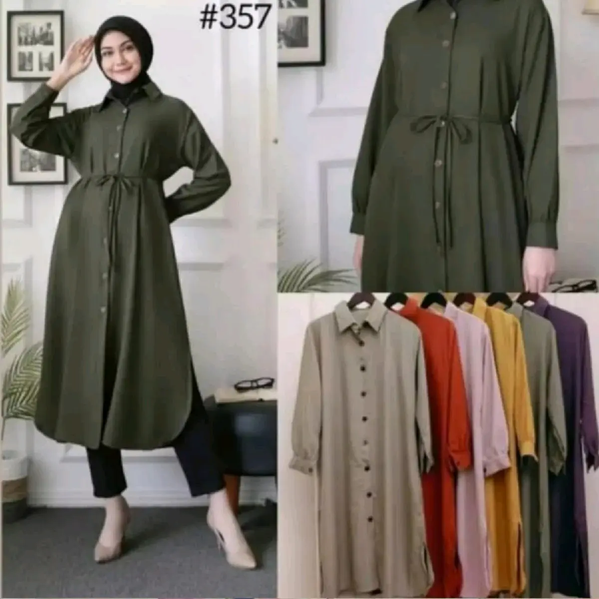 Atasan Wanita Tunik Kemeja Shakila Muslim Panjang Dres Remaja Polos Nyaman Free Belt Top Lembut Gamis Dewasa Basic Hitam