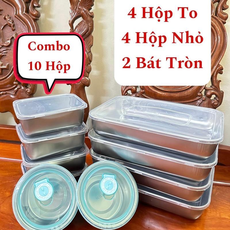 Combo 10 hộp đựng thực phẩm (4 Khay To + 4 Khay Nhỏ Đựng Thực Phẩm Có Nắp Đậy Inox 304 +2 Bát Tròn Có Gioăng Silicon Đựng Đồ Ăn Tiện Lợi, Inox 304 An Toàn Vệ Sinh Thực Phẩm