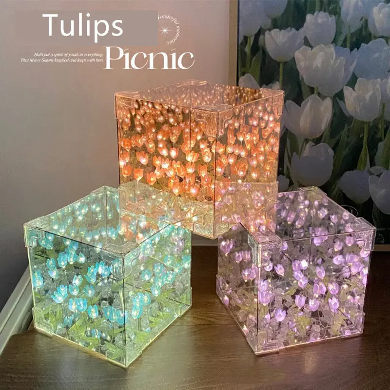 Ins DIY Tulip Mirror Night Light Handmade Rubik's Cube Mirror Flower Sea Atmosphere Lamp Romantic Candy Color Bedroom Lamp Birthday Gift Supplies Home Decor