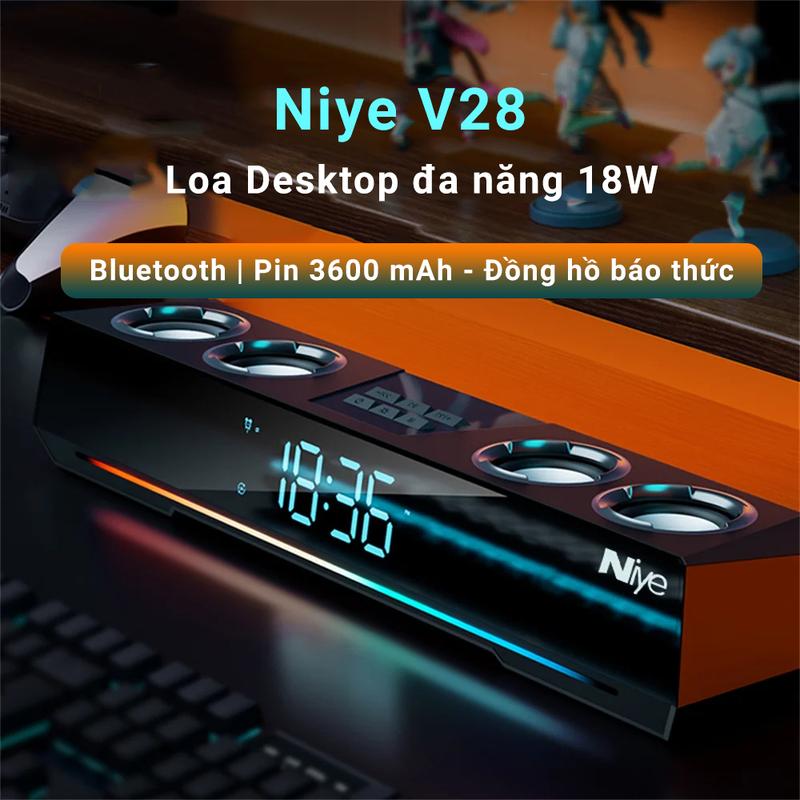 Loa desktop NIYE V28 phiên bản premium bass siêu mạnh - LED RGB và đồng hồ màn hình gương - Pin 3600 mAh - Công suất lớn 18W - 2 loa bass 6Wx2 - Kết nối bluetooth thẻ nhớ USB AUX - LED RGB nháy theo nhạc nhiều chế độ - BH 12 Tháng