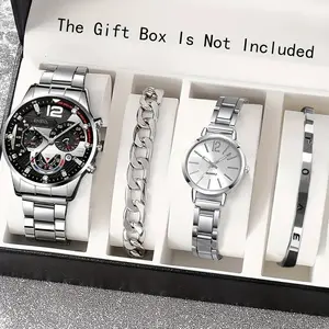 4PCS Pasangan Jam Tangan Quartz Set Mewah Dengan Tali Baja Tahan Karat