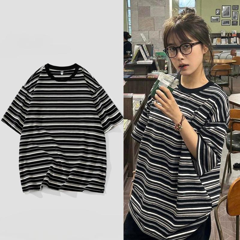 Áo Thun Kẻ Sọc Nam Nữ Cổ Tròn Basic Xen Kẽ Màu Đen Trắng Phong Cách Hàn Quốc Top Women