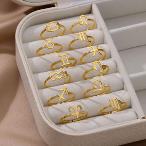 แหวนสแตนเลส ดีไซน์เรียบง่าย สไตล์ใหม่ มี 12 ราศี สัญลักษณ์จักรราศี แหวนพลอยประจำวันเกิด แหวนเปิดปรับได้ ชุดแหวนหาง