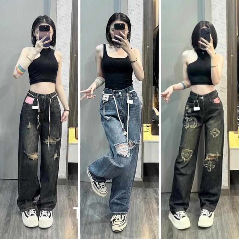 Quần jean rách MELINA quần bò nữ ống suông cạp cao rách gối màu xanh đen ánh rêu size S M L SPG5 quan  jean ong rong