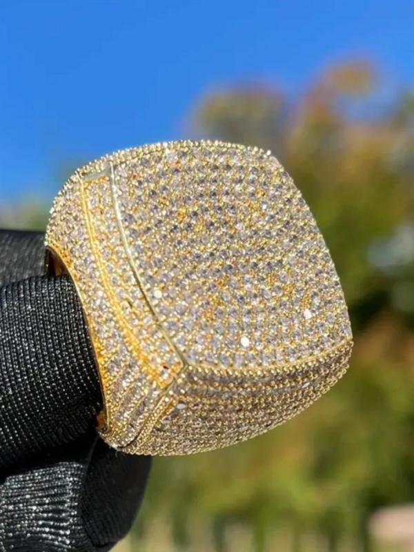 Luxurious Rhinestone Decorated Chunky Geometric Ring, Fashionable Punk Style Ring for Men, Striking All-match Fashion Accessories, Exquisite Jewelry for Birthday Gifts 2