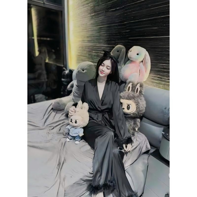 Đồ bộ mặc Pijama nữ nhà Osexy đính lông kiểu dáng kimono kèm dây cột tiện dụng hợp thời trang 7