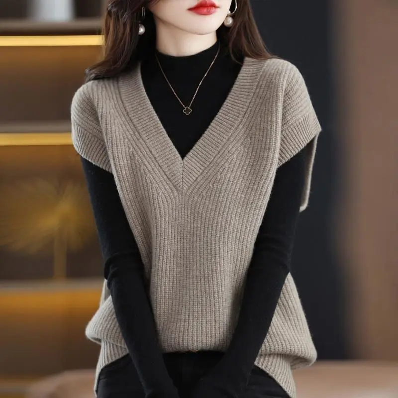 Áo Vest Dệt Kim, Hàng Mới Về Mùa Thu Và Mùa Đông, Dành Cho Nữ, Cổ Chữ V, Màu Trơn Áo Cánh Dơi, Dáng Rộng Vừa Vặn, Dễ Phối Đồ, Không Tay, Áo Ghi Lê, Áo Trên