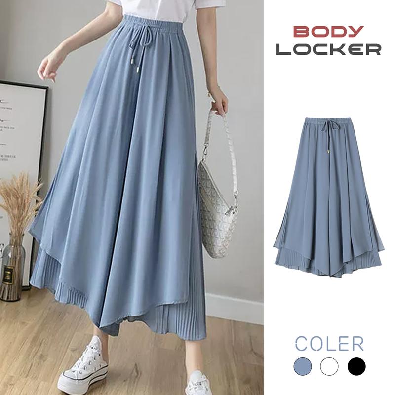 Quần Ống Rộng Nữ Giả Váy Xếp Ly Cạp Cao, Quần Ống Rộng Hai Lớp Thời Trang Mùa Hè, Quần Voan Xếp Ly Ống Rộng Cạp Cao Co Dãn