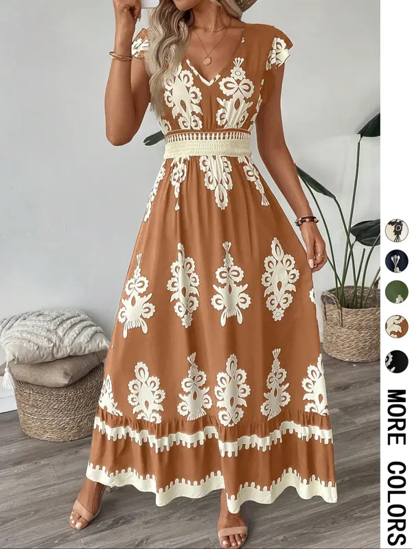 Women's All Over Print Ruffle Hem A Line Dress, Boho Fashion V Neck Cap Sleeve Long Dress for Beach Holiday Vacation, Summer Dress, Ladies Dress for Summer, Bohemian Womenswear, Vneck 3