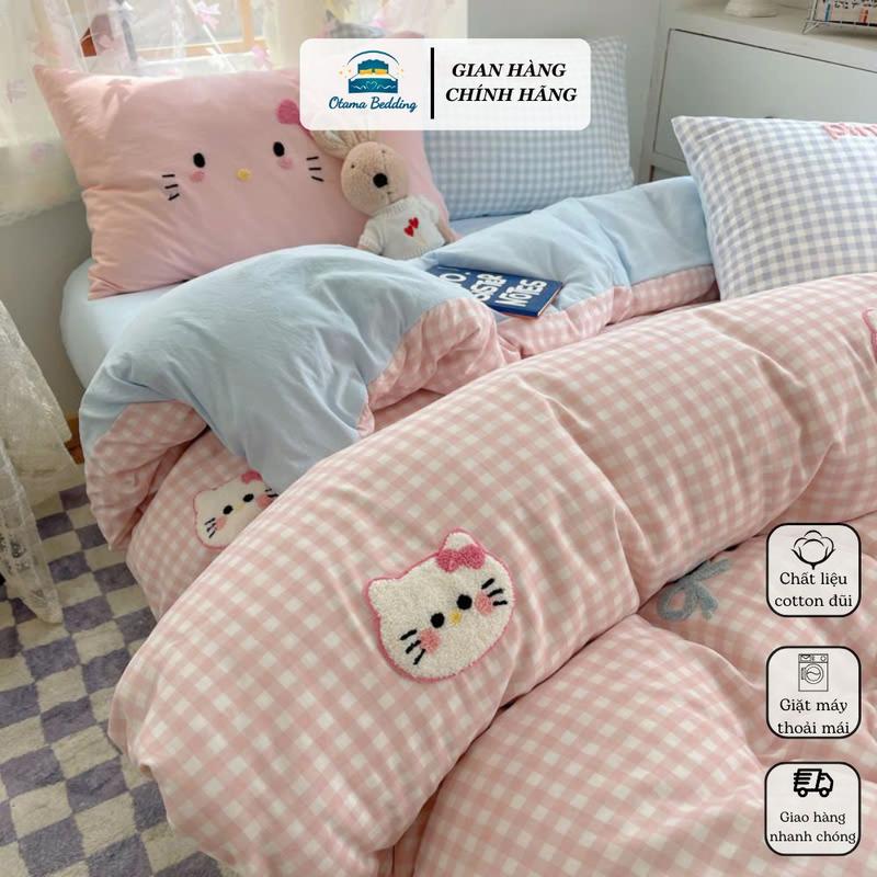 Bộ cotton đũi caro 4 món vỏ chăn (chưa kèm ruột, chưa trần bông) ga gối hoạ tiết phong cách Hàn Quốc Otama Bedding