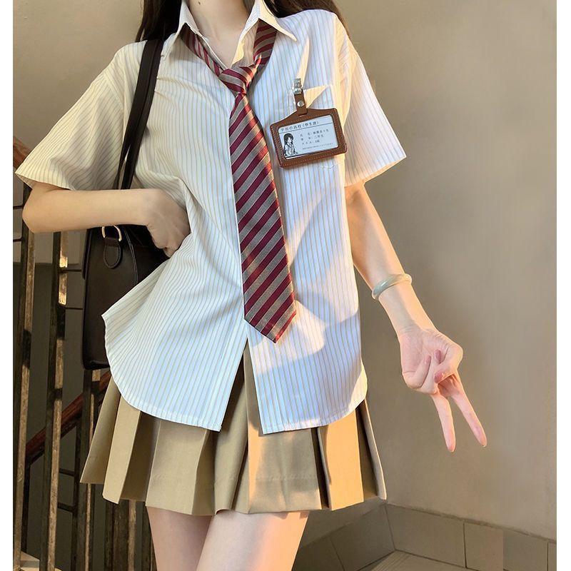 Product Introduction of Three-Piece Summer New Japanese College JK Striped Shirt Short Sleeve Student All-Matching Pleated Skirt Anti-Aging Outfits 11