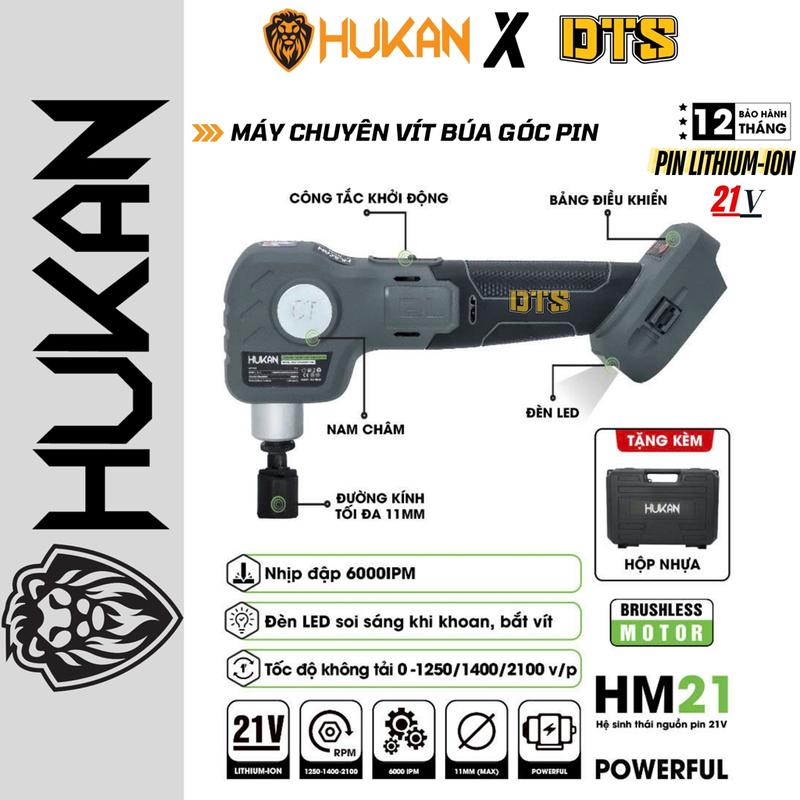 Máy chuyên vít pin 21V búa góc HUKAN BODY-HM21-G2-HDR9120BL, nhịp đập 6000 IPM, có đèn LED, hỗ trợ khoan và bắn vít