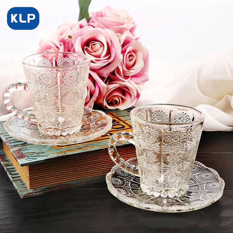 Vintage Glass Saucer & Coffee Cup Set, 2pcs Afternoon Tea Cup & Sauser Set, Glass Tumblers, Household Coffee Mug Set, Glass Drinkware for Home Use 7