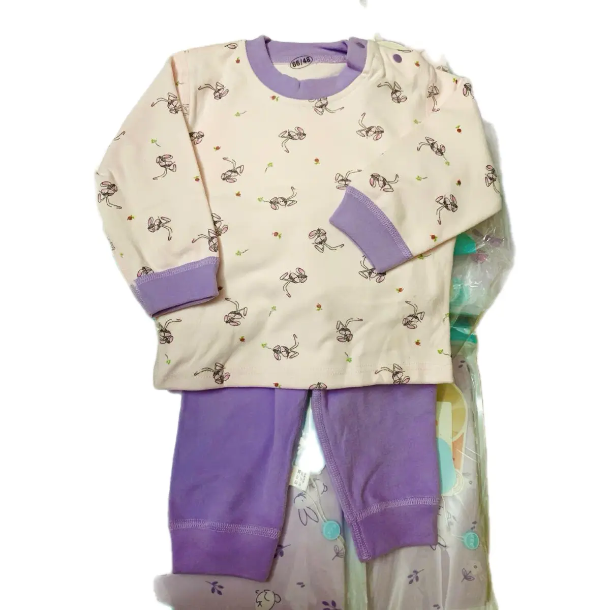 [Lanyutu] Bộ nỉ dài tay cotton đào mềm mại kháng khuẩn QC bé gái siêu xinh từ 6-14kg - Áo cổ tròn in họa tiết hoạt hình trước ngực áo