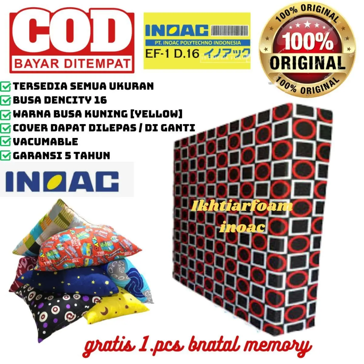 Kasur Busa Inoac Semua Ukuran No 1, 2, 3, 4, 5, 6, 7, Jumbo Tebal 30 cm Gratis Bantal / Kasur Busa Inoac EPV D16 Murah Garansi 10 Tahun / Inoac Original / Kasur Busa Inoac Murah / Kasur Busa Inoac Kualitas Jepang Furniture