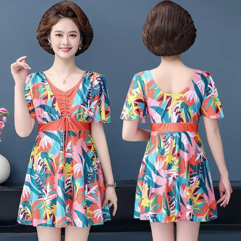 Áo tắm cho phụ nữ, người trung niên và cao tuổi, phong cách mẹ, phong cách váy hai mảnh bảo thủ, che bụng, Bó Sát, vừa vặn lỏng lẻo, đồ bơi Ngoại Cỡ