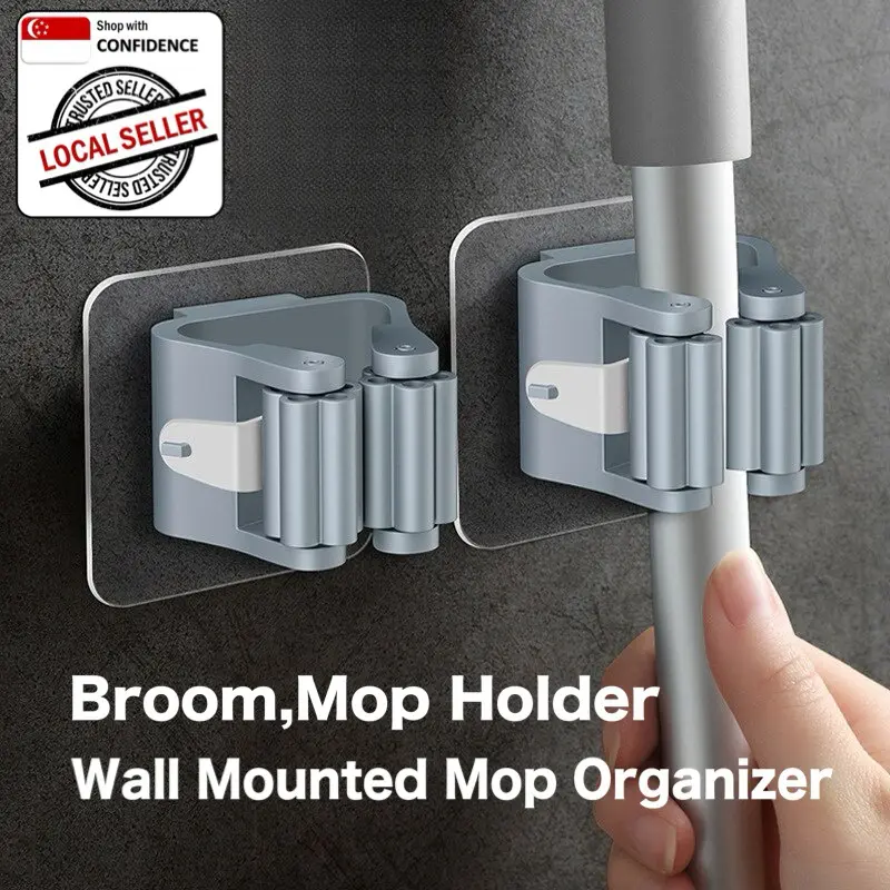 Multi-Purpose Adhesive Wall Mounted Mop Organizer Holder Rack Brush Broom Hanger Hook Kitchen Bathroom Strong Trackless Installation Pack Hangable