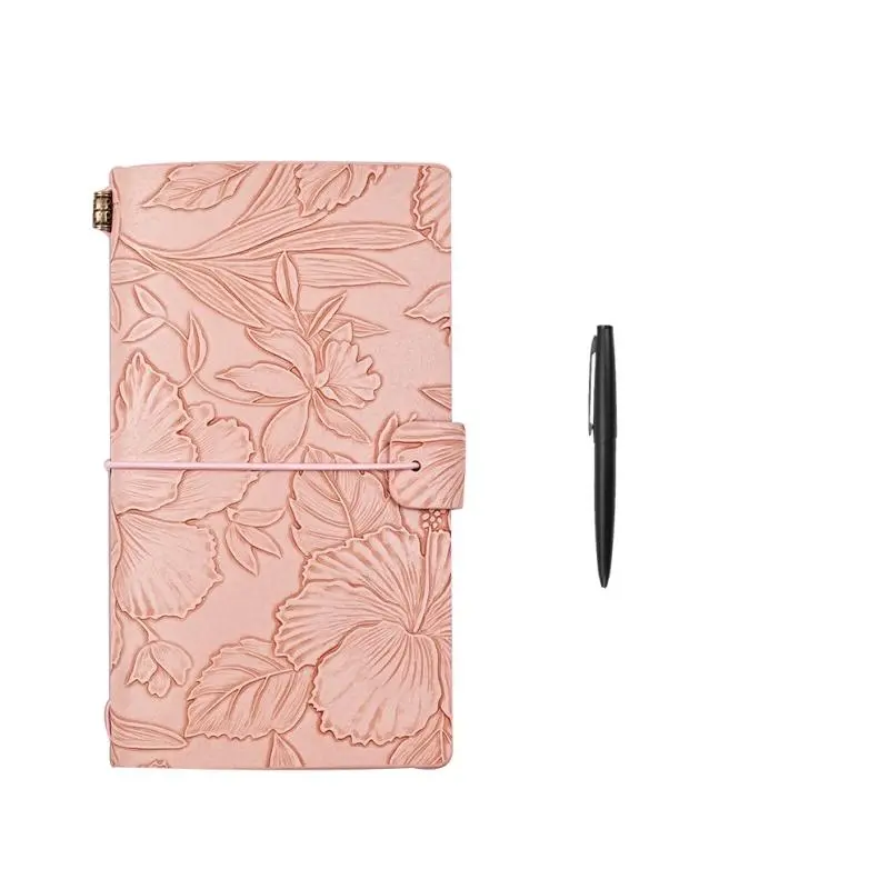 Vintage Faux Leather Cover Notebook with Pen, 1 Count Floral Pattern Notebook, Portable Notebook for Business Trip Office School 0