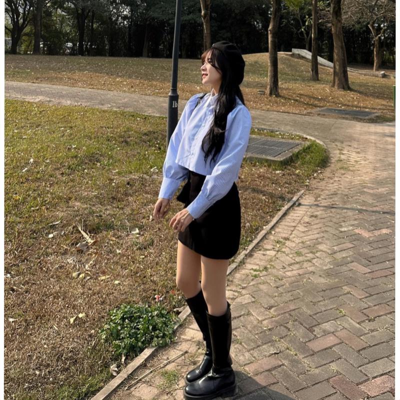 XẢ KHO NGHỈ BÁN Áo sơ mi kiểu nữ chất thô mềm hoạ tiết kẻ sọc croptop form vừa Hàn Quốc Kozoda SM267 Women Shirt