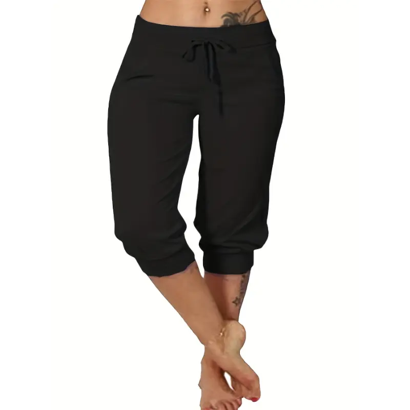 Plus Size Women's Solid Black Capri Pants with Elastic Waistband & Drawstring, Lightweight Polyester Blend, Machine Washable, All-Season Comfort Fit for Casual or Semi-Formal Wear
