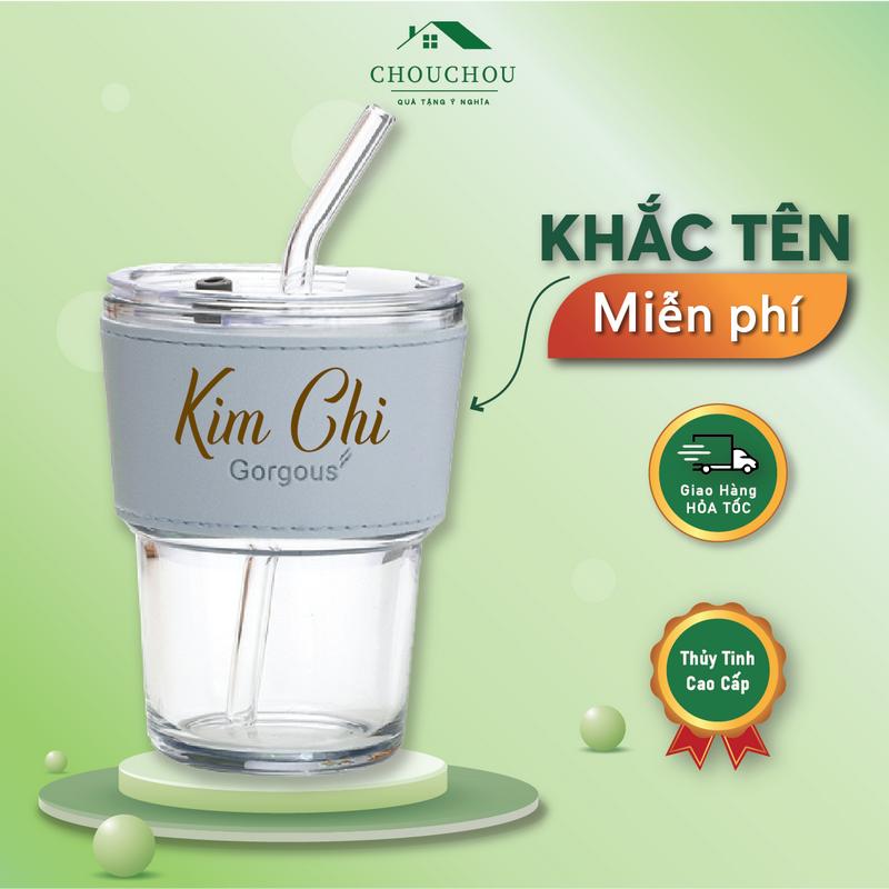 Miễn Phí Khắc Tên Cốc thủy tinh CHOUCHOU Gorgous có ống hút và bao da đi kèm 420 ml - Có 6 Màu binh giunhiet