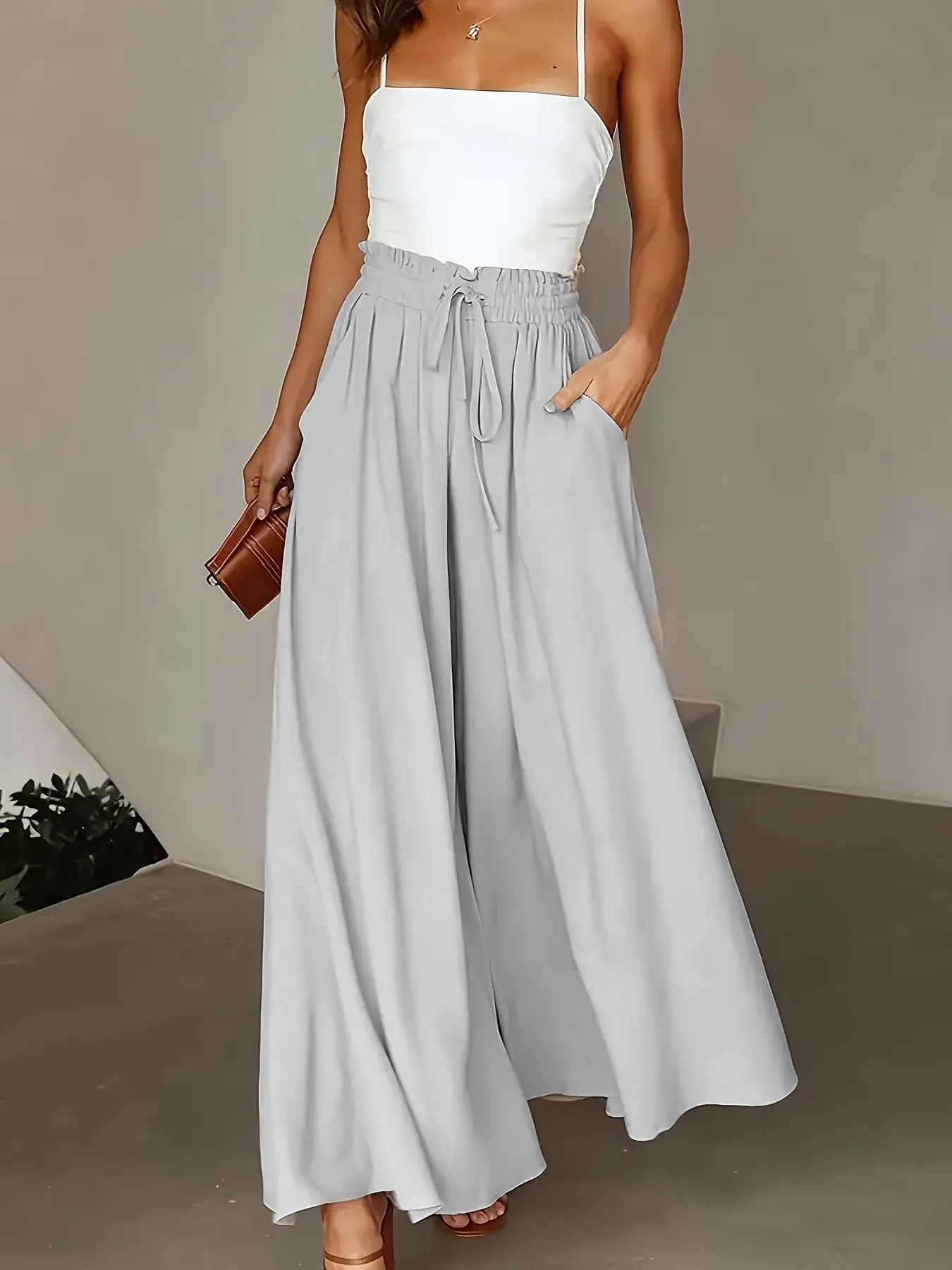 Women's Solid Drawstring Paper Bag Waist Pants, Casual Pocket Wide Leg Trousers for Daily Wear, Ladies Bottoms for All Seasons