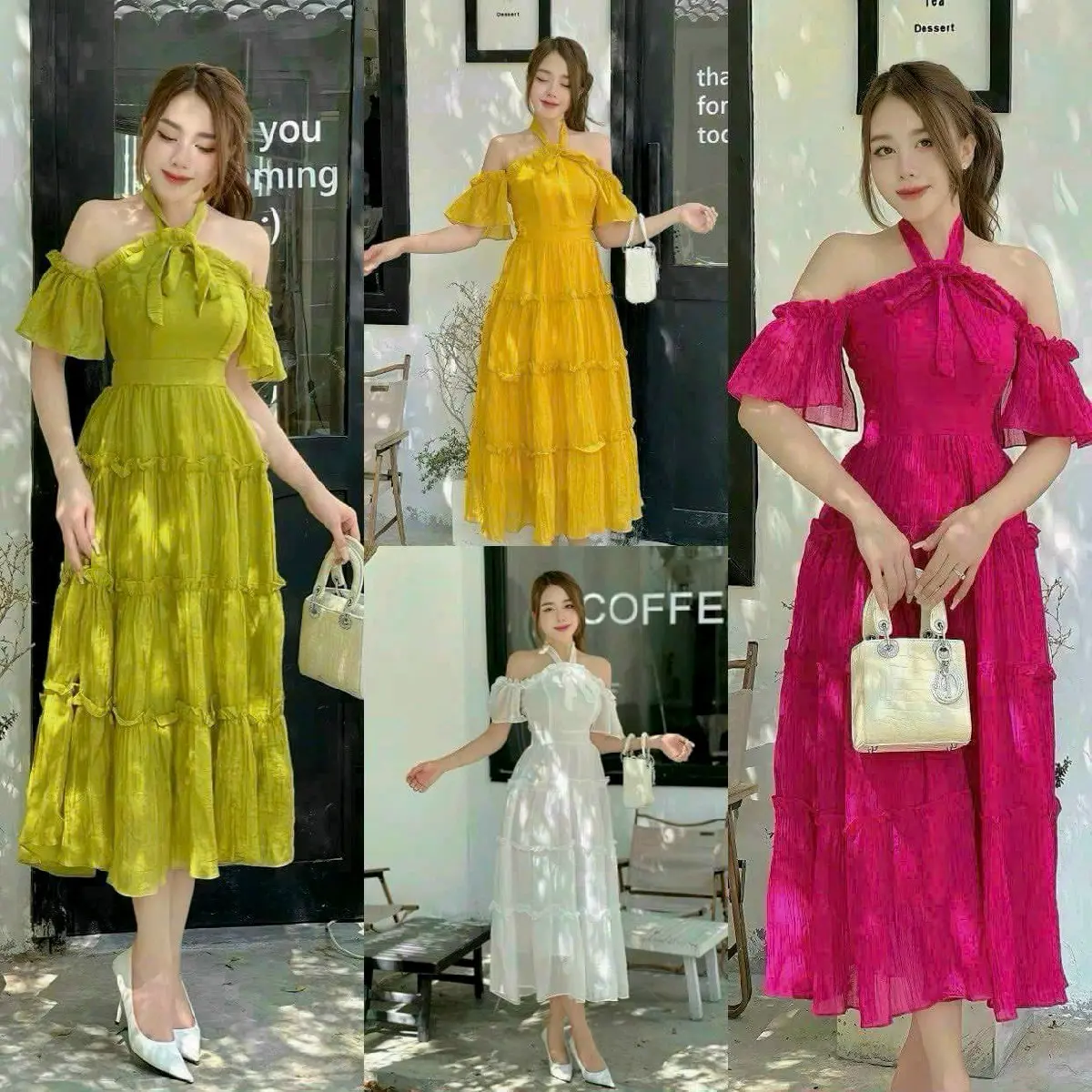 Đầm trễ vai thời trang nữ mặc đi chơi biển chất lụa 100D cổ yếm cột nơ tay ngắn rớt vai váy dài xòe maxi siêu xinh qc Dress