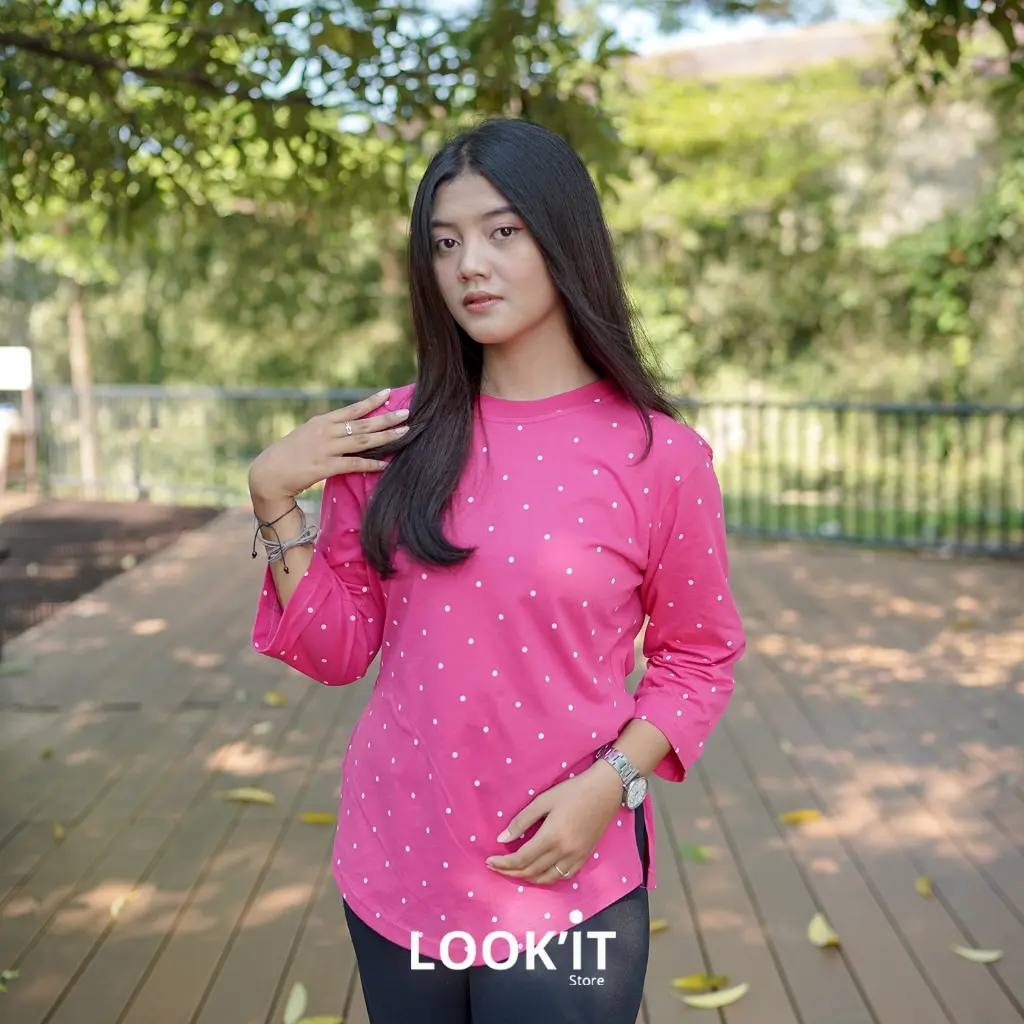 LOOKIT - Kaos Atasan Wanita Oversize Stik Balik Oval Lengan 7/8 Motif Polkadot Polos Cotton Combad 24s