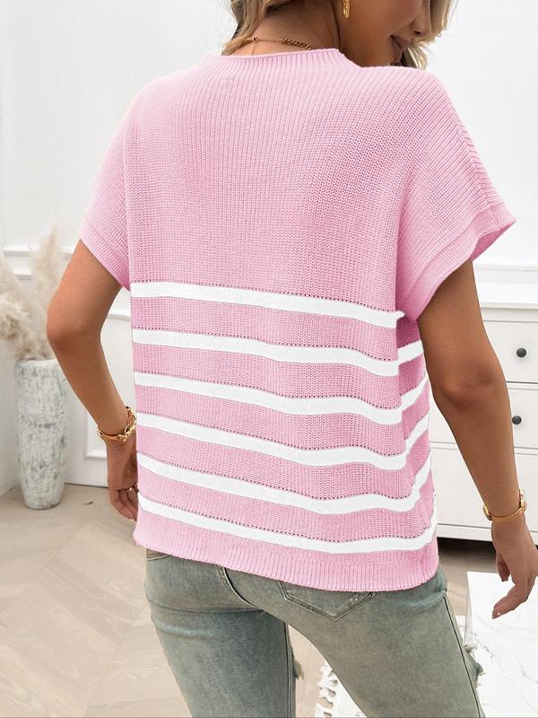 Women's Striped Print Pocket Batwing Sleeve Knit Top, Casual Short Sleeve Round Neck Knitwear, Fashion Ladies' Knit Clothing for Summer Daily Wear 7