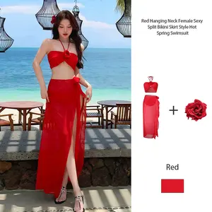 Baju Renang Leher Gantung Merah Wanita Seksi Rok Bikini Terpisah Gaya Baju Renang Pemandian Air Panas Casual Corak
