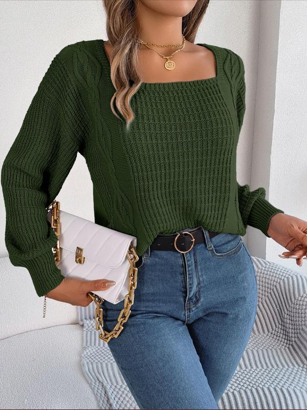 Women's Plain Textured Square Neck Drop Shoulder Sweater, Fashion Casual Long Sleeve Jumper for Daily Outdoor Wear, Women's Knit Top for Spring & Fall 7