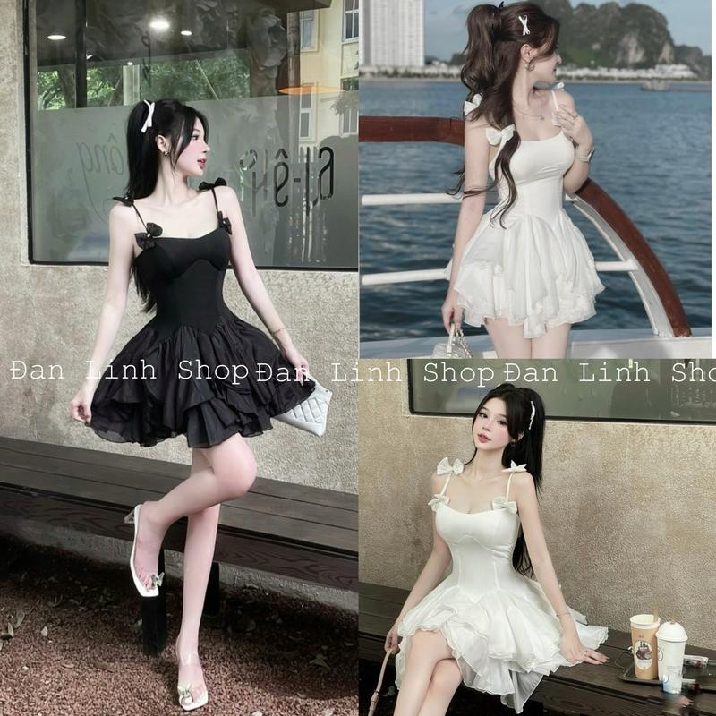 Váy Hai Dây Vai Đính Nơ Chân Xếp Tầng Xoè Có Quần Trong Nữ