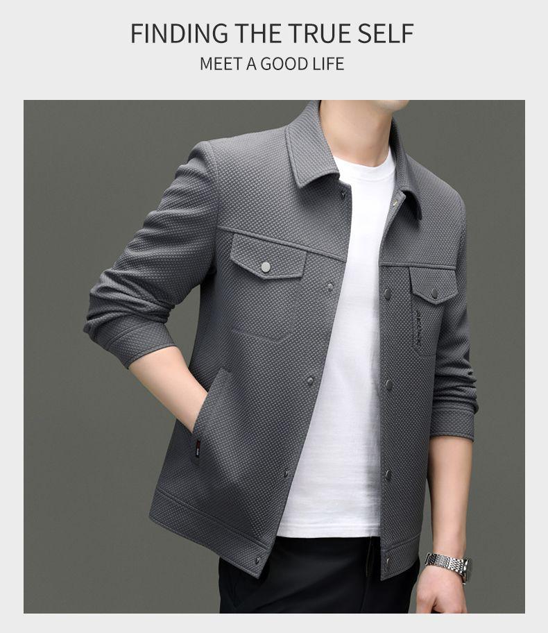 Product Introduction of Spring 2024 Men's Knitted Elastic-Force Jacket Lapel Overalls Korean Style Slim-Fitting Jacket Fashion All-Matching Closed 25