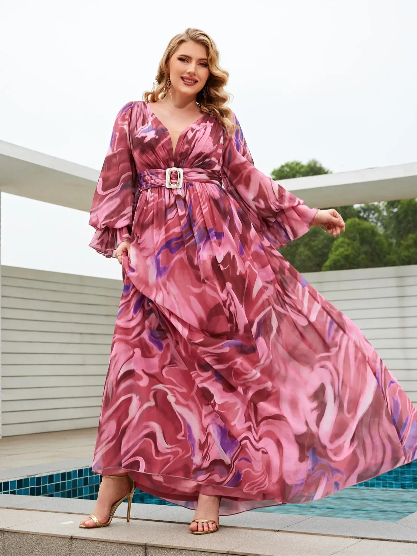 【Plus Size】 All Over Print Chiffon Dress, Elegant Long Sleeve V Neck Dress for Party Holiday Wedding Guest, Women's Clothes for All Seasons, Casual