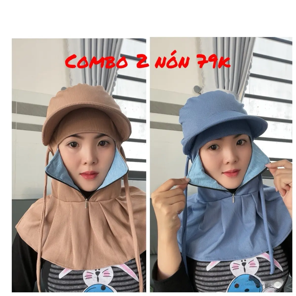 Combo 2 nón chống nắng khoá kéo giữa,chất thun gân tăm co giãn thoải mái,tuỳ chọn màu
