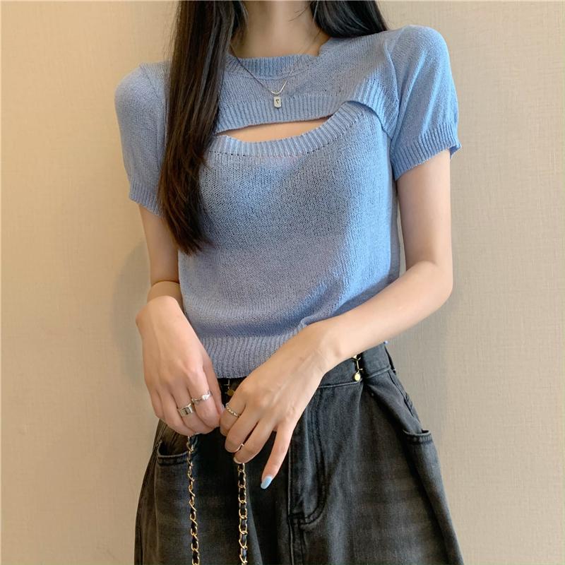 Product Introduction of Áo Len Dệt Kim Giả Hai Lớp, Thiết Kế Độc Đáo Sang Trọng Khoét Lỗ Áo Phông Ngắn Tay, Áo Ngắn Cô Gái Nóng Bỏng Mùa Hè, Phong Cách Instagram, Dành Cho Nữ, Bán Chạy Top Women Top Women 12