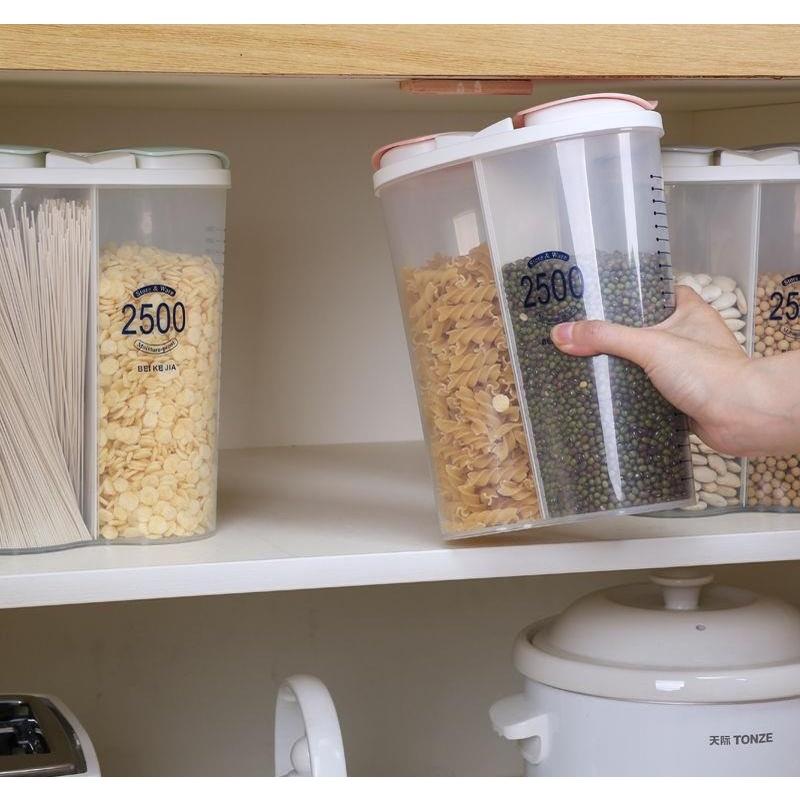 HL0225 Toples Dapur Double Slot 2 Sekat Plastik Transparan 2500ml Tempat Penyimpanan Makanan 2