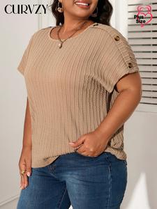 CURVZY Plus Size Autumn Aesthetic Solid Textured Fake Buttons Batwing Sleeve Tee, Casual Short Sleeve Round Neck T-shirt for Summer, Women's Plus Clothing for Daily Wear
