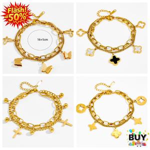 สร้อยข้อมือเหล็กไททาเนียม สำหรับผู้หญิง มี 14 สไตล์ ไม่ซีดจาง สองชั้น สร้อยข้อมือหนา เครื่องประดับข้อมือไม่หมอง ลูกปัดไขว้ เปลือกขาวดำโรมัน หัวใจ ผีเสื้อ หมี ดอกไม้ ไม่เป็นสนิม ของขวัญเครื่องประดับ ทอง