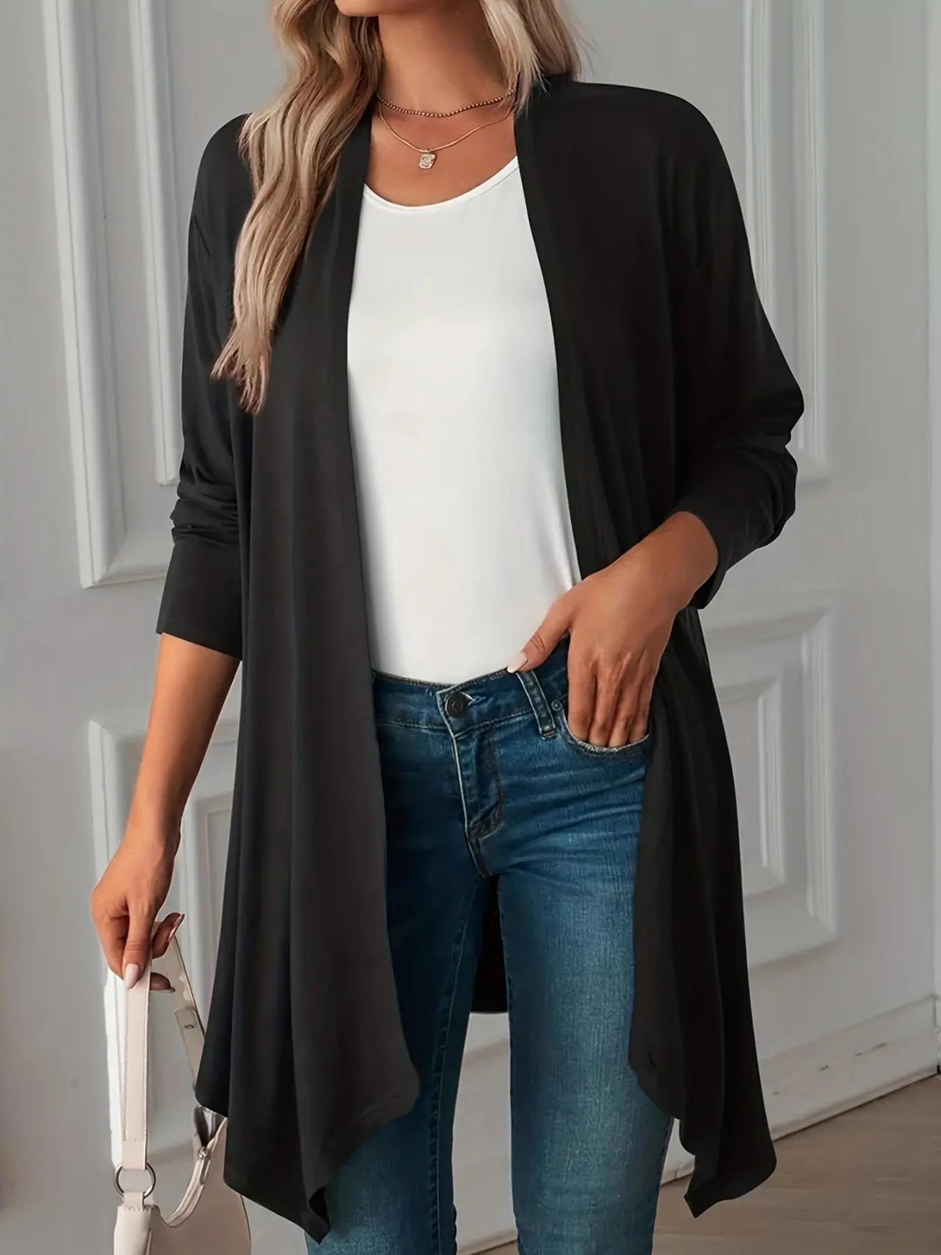 【Plus Size】 Solid Asymmetrical Hem Open Front Cardigan, Casual Long Sleeve Outerwear for Fall & Winter, Women's Clothes for Daily Wear
