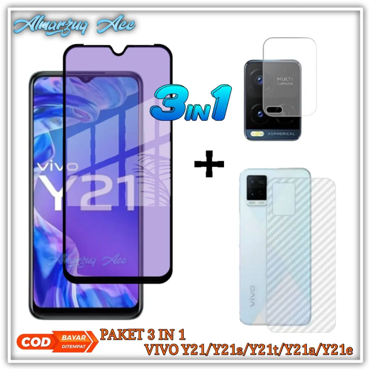 Paket 3in1 Vivo Y21 / Y21s / Y21t / Y21a / Y21e Tempered Glass Blue + Tempered Glass Camera + Garskin