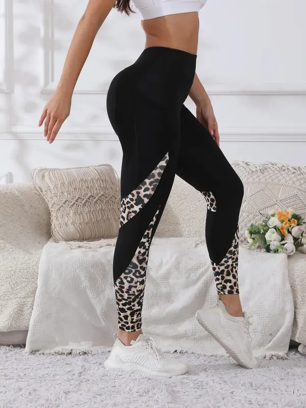 Women's Colorblock & Leopard Patchwork Pocket Sports Leggings, Casual Comfy Breathable High Stretch Yoga Leggings, Ladies Sportswear for Indoor Outdoor Wear, Gym Clothes 2