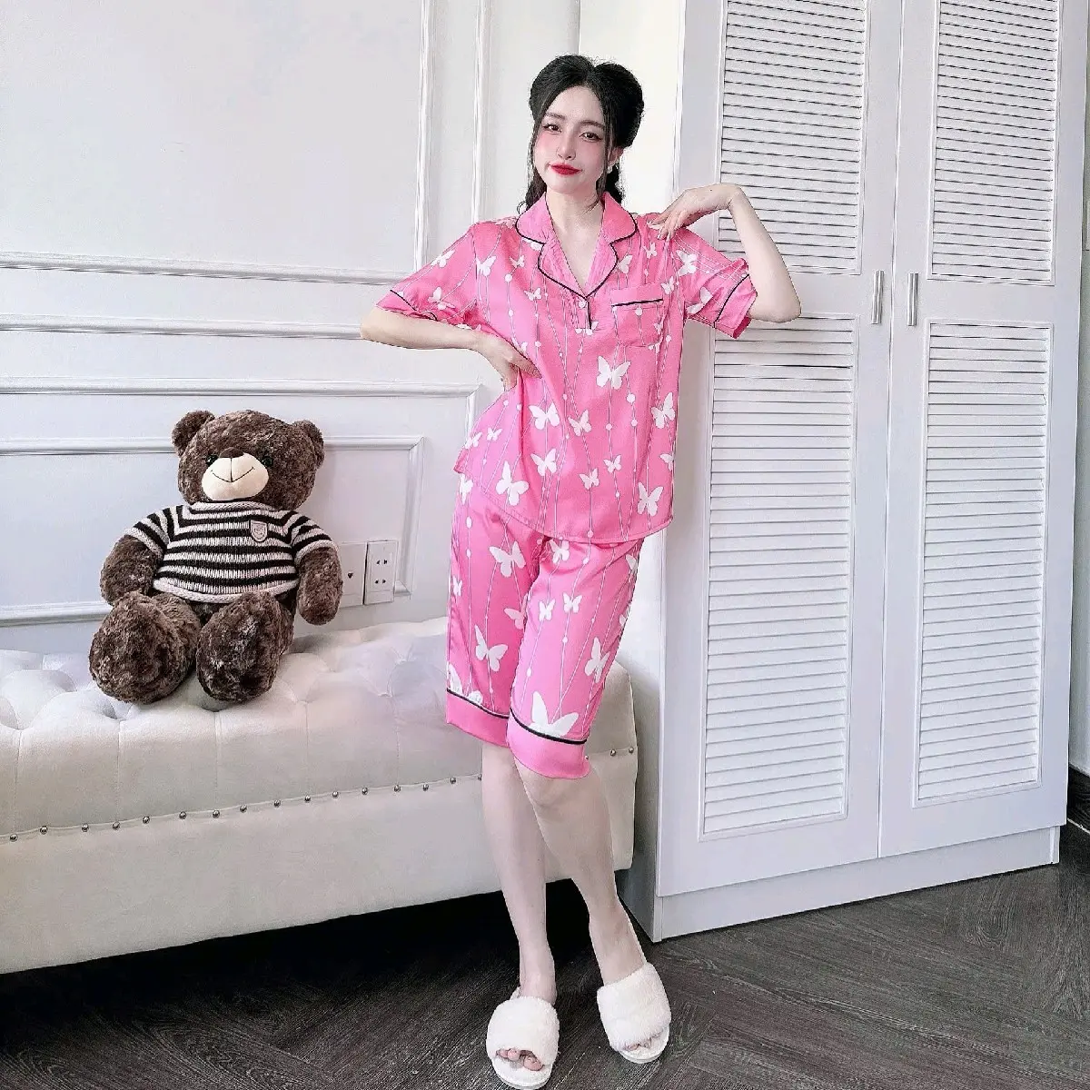 [38-90kg] Đồ Bộ Mặc Nhà RôSy Chất  Latin Tơ Tằm Mềm- Mịn- Mát-Thiết Kế Sang Trọng,Hoạ Tiết dễ thương. Nữ Women Quần Ngủ Áo Ngủ