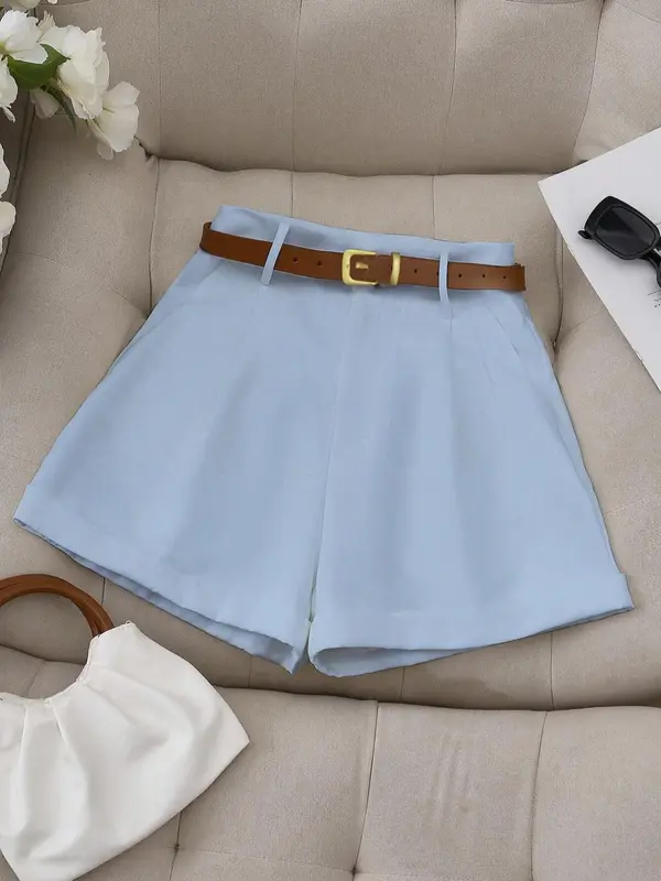 Women's Solid Color Belted A Line Shorts, Casual Fashion Fitted Shorts for Daily Wear, Ladies Bottoms for Summer, Womenswear, Chic Casual Shorts 3