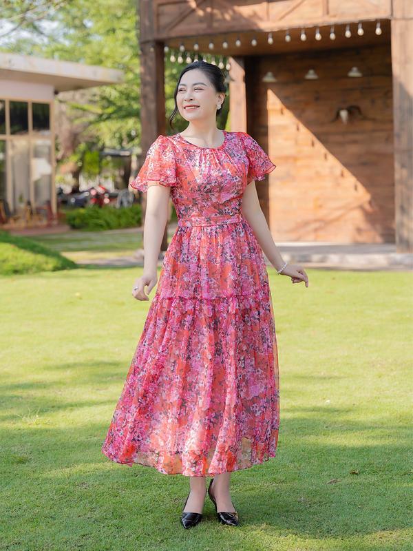 GUMOM Đầm trung niên voan tơ hoa cổ tròn U40 U50 U60 Quà tặng mẹ Thanh lịch, nhẹ nhàng, dạo phố,đi chơi, đi biển, đi làm -  Women, Nữ Voi Voan Dress