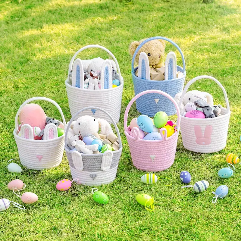 Easter Basket, 1/2 Counts Cute Rabbit Ear Design Basket, Easter Egg Hunt Basket, Home Organizer for Easter Party Decoration 8