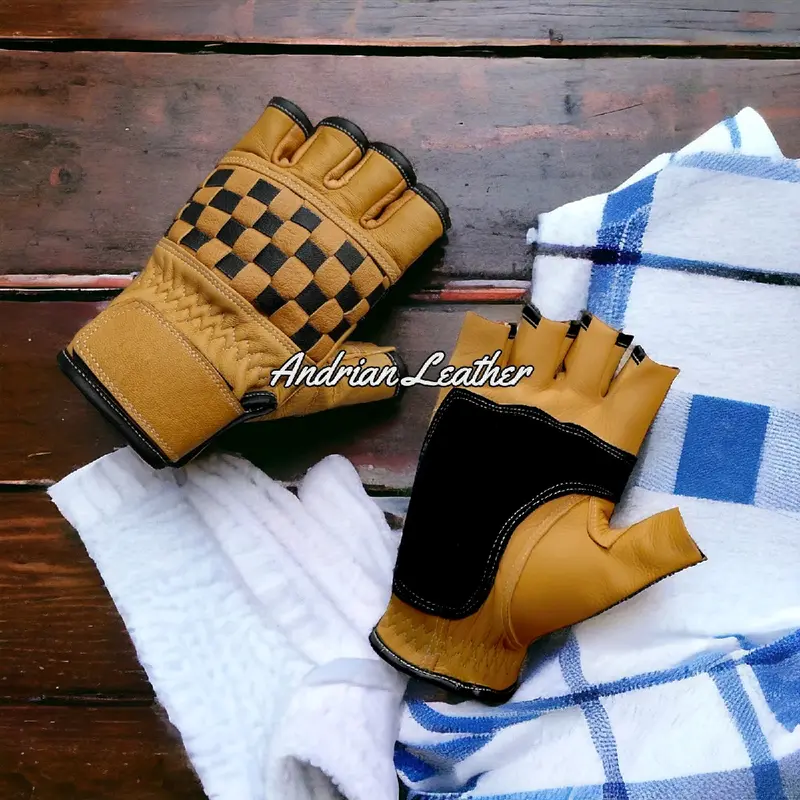Sarung Tangan Motor Checkerboard Kulit Asli Retro klasik Pendek Setengah Jari Corak Catur warna untuk pria wanita 6